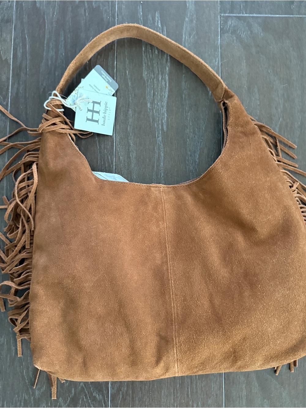 👜🌸✨ NWT Unique Haute Hippie Suede Fringe Shoulder Bag in Cognac Brown - Picture 2 of 4